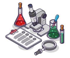 Flat isometric concept illustration. experimental laboratory microscope and glass bottle vector