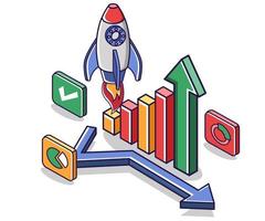 Flat isometric concept illustration. Rocket launch analysis vector