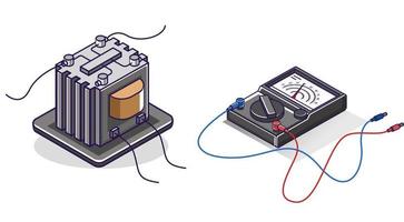 ilustración de concepto isométrico plano. conjunto de iconos de energía medidor avo y transformador eléctrico vector