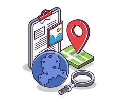 Flat isometric concept illustration. search world map location vector