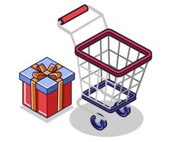 Flat isometric concept illustration. Shopping cart for supplies vector