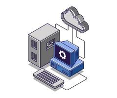 Flat isometric concept illustration. computer cloud server data processing vector