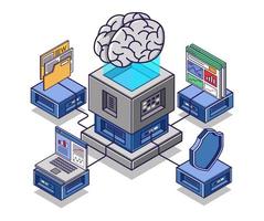 Flat isometric concept illustration. artificial intelligence network for enterprise business analysis vector