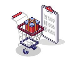 Flat isometric concept illustration. online shopping cart