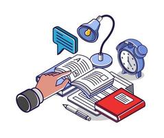 Flat isometric concept illustration. reading with a study lamp vector