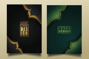 Set cover design template with Luxury and elegant flow lines overlap layers ornament and realistic texture on dark background vector