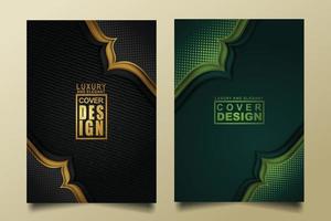 Set cover design template with Luxury and elegant flow lines overlap layers ornament and realistic texture on dark background vector