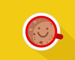 Top view of Black fresh hot coffee in red mug. Smile icon on the top of coffee.  Flat design vector. vector