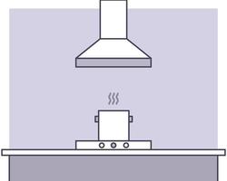 campana extractora o campana extractora con olla caliente en la cocina. estilo de vector de dibujos animados para su diseño.