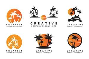 vector beach logo template with sunset, coconut trees, fishing boats, sailboats, and flying birds, ocean waves, retro circle design concept