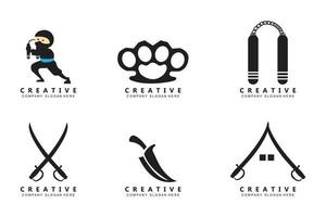 diseño de logotipo ninja espada samurai, ilustración de dibujos animados y armas de guerra vector