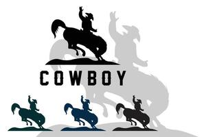 hombre vaquero montando a caballo poderosamente silueta al atardecer, diseño de logotipo de icono vector