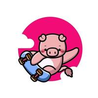 Cute pig playing skate board vector