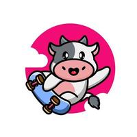 Cute cow playing skate board vector