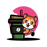 Cute cat hug coffee cup vector