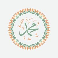 Arabic and islamic calligraphy of the prophet Muhammad, peace be upon him, traditional and modern islamic art can be used for many topics like Mawlid, El Nabawi . Translation, the prophet Muhammad vector