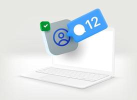 White modern laptop with social media messages icon. 3d vector illustration