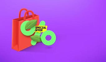 Season sale banner with leaves and percentage sign. Special offer concept. 3d vector banner with copy space