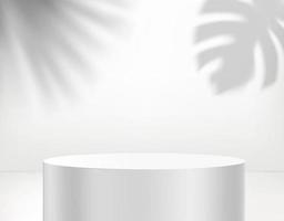 interior blanco con podio y sombras de hojas tropicales. ilustración vectorial 3d