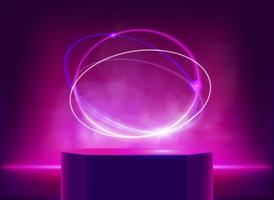 illuminated violet studio with neon light, portal and podium. 3d vector illustration