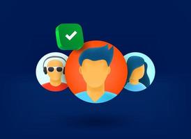 Selecting avatar concept with checkmark icon. 3d vector illustration