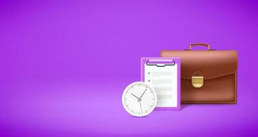 Briefcase with calculator, calendar and clock. Time management concept. 3d vector banner with copy space