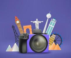 Modern digital photo camera with different travel elements vector illustration. 3d vector illustration