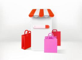 Online shopping concept with smartphone and shopping bags. 3d vector illustration