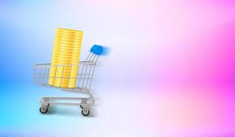 Metal trolley with money and motion blur effect. 3d vector banner with copy space