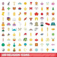 100 religion icons set, cartoon style vector