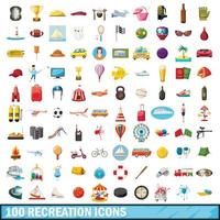 100 iconos de recreación, estilo de dibujos animados vector