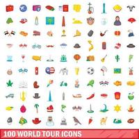 100 world tour icons set, cartoon style vector