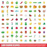 100 farm icons set, cartoon style vector