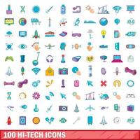 100 iconos de alta tecnología, estilo de dibujos animados vector