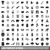 100 forest icons set in simple style vector