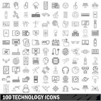 100 technology icons set, outline style vector