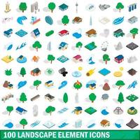 100 landscape element icons set, isometric style vector