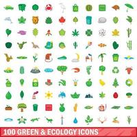 100 iconos verdes y ecológicos, estilo de dibujos animados vector