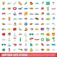 100 sea life icons set, cartoon style vector