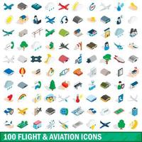 100 iconos de aviación de vuelo, estilo isométrico 3d vector