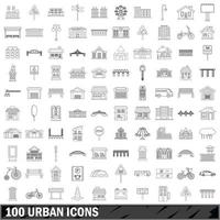 100 urban icons set, outline style vector