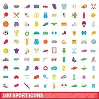 100 iconos deportivos, estilo de dibujos animados vector