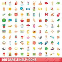 100 care and help icons set, cartoon style