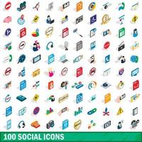 100 social icons set, isometric 3d style vector