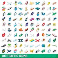 100 traffic icons set, isometric 3d style vector