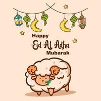 illustration of cute sheep eating grass with lantern and saying eid al adha hand drawn style vector