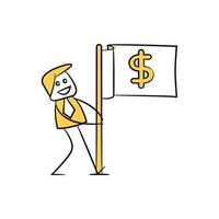 businessman character and dollar flag yellow stick figure illustration vector