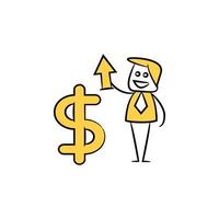 businessman character and dollar yellow stick figure illustration vector