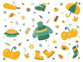 Set of autumn elements - leaves, sweater, shoes, umbrella, vegetables, apple pie.  Flat vector illustration in cartoon style.