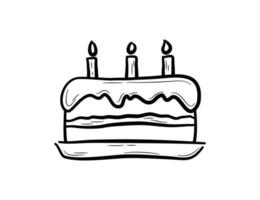 Hand drawn birthday cake with candles. Dessert for birthday party, celebration. Vector illustration in doodle style.